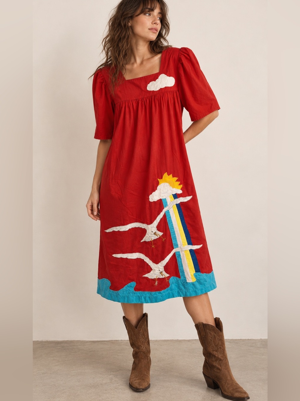 Vintage Red mexicain mumu Dress embroidery pockets Seagull Rainbow Appliqué sz M